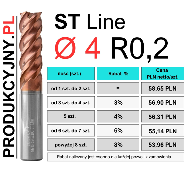 Frez z promieniem naroża fi 4 R0,2 ST LINE